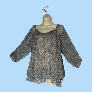 Piazza Roma Layered Peasant Blouse Slate Blie Taupe Flowers 3/4 Sleeve size M